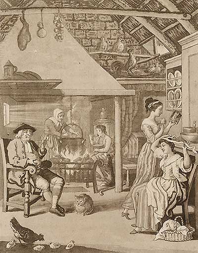 Illustration of kitchen with man in chair and women doing personal and cooking activities
