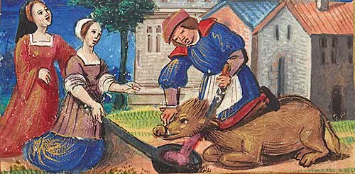 Illustration of man killing a pig