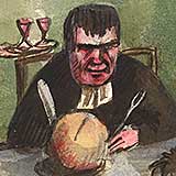 Watercolour showing a seated man and haggis on table