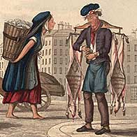 Watercolour showing porter, fisherwoman and man carrying meat carcases