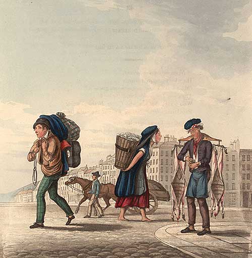 Street scene illustration of a porter, a fisherwoman and a man carrying carcases