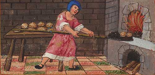 Illustration of man putting bread in stone oven