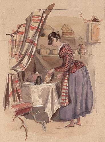 Watercolour of a young Victorian woman making a sandwich