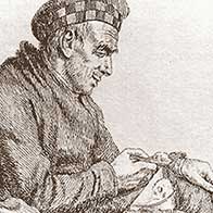 Engraving of elderly man eating porridge