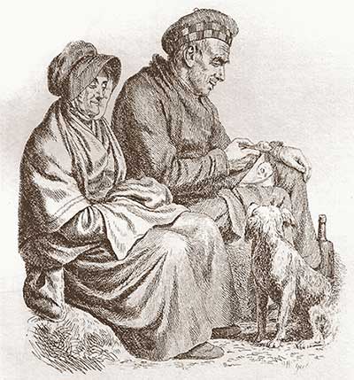 Old man eating porridge, with wife and dog beside him
