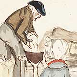 Watercolour of woman and salt-seller at cart