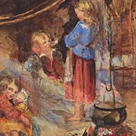 Cottage scene showing a cauldron hanging over fire