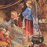 Cottage scene showing cauldron over fire