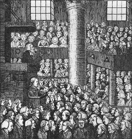 Engraving of people inside a church