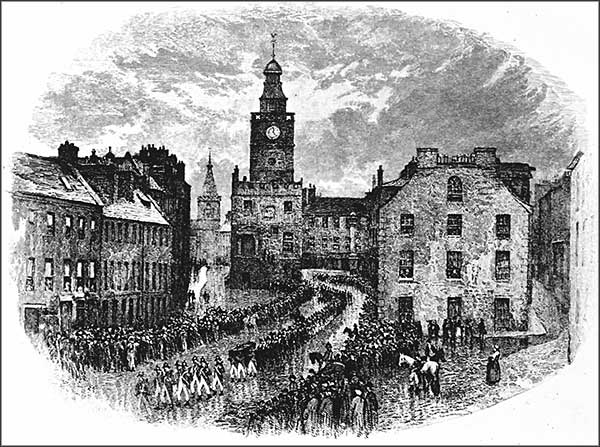 Engraving of town scene with funeral procession