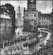 Engraving of funeral procession through town street