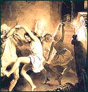 Painting of warlocks and witches dancing, by Faed